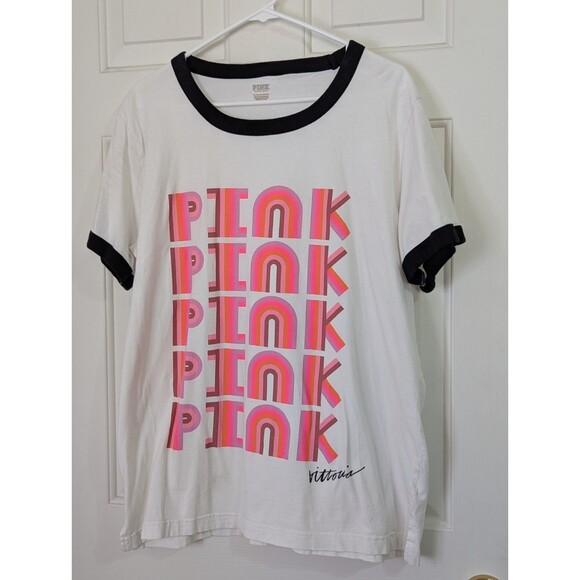 Victorias Secret PINK  T Shirt Womens XL White Pink Black Edging Retro Casual - Picture 1 of 7
